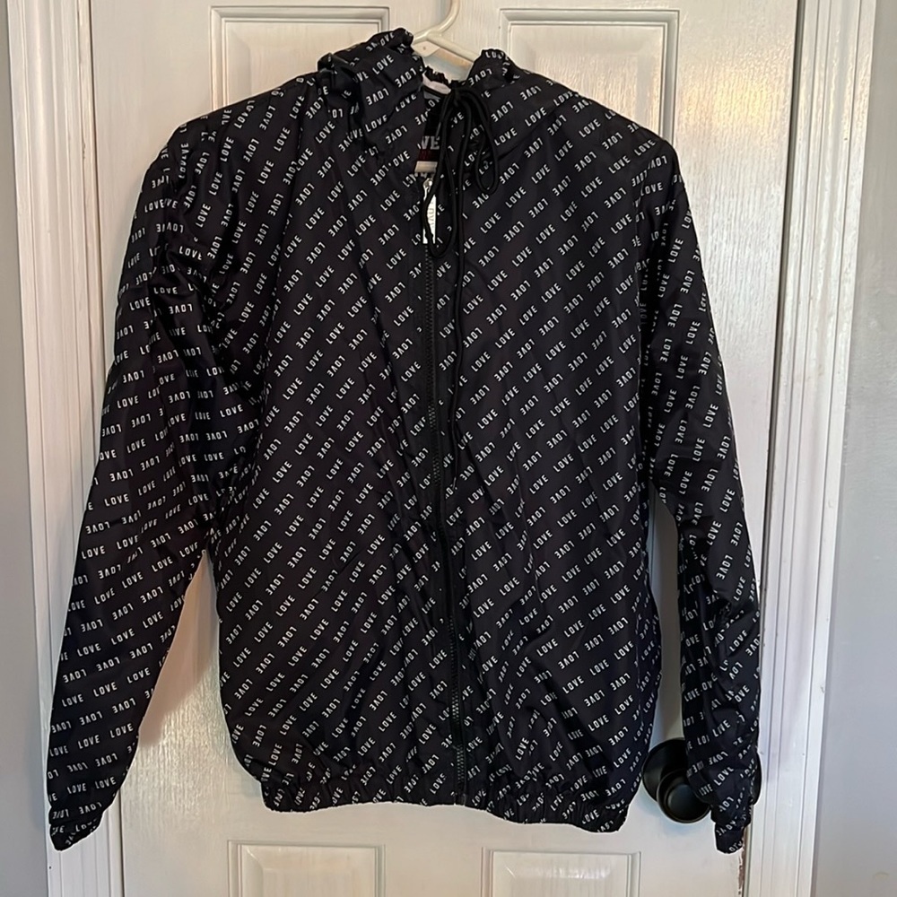 (PINK). LOVE all over Black and White Patterned Jacket